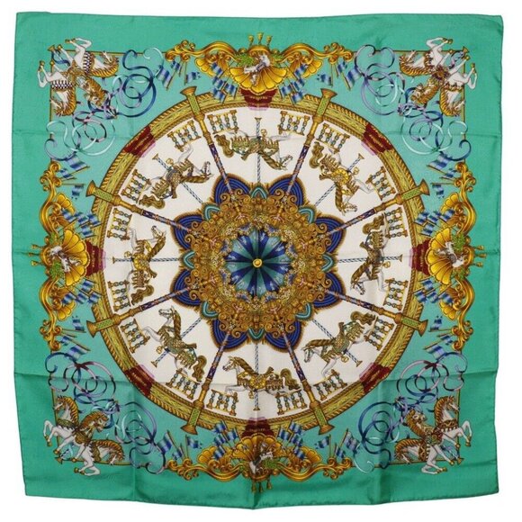 HERMES Carree90 scarf LUNA PARK amusement park Merry-go-round Green silk Women